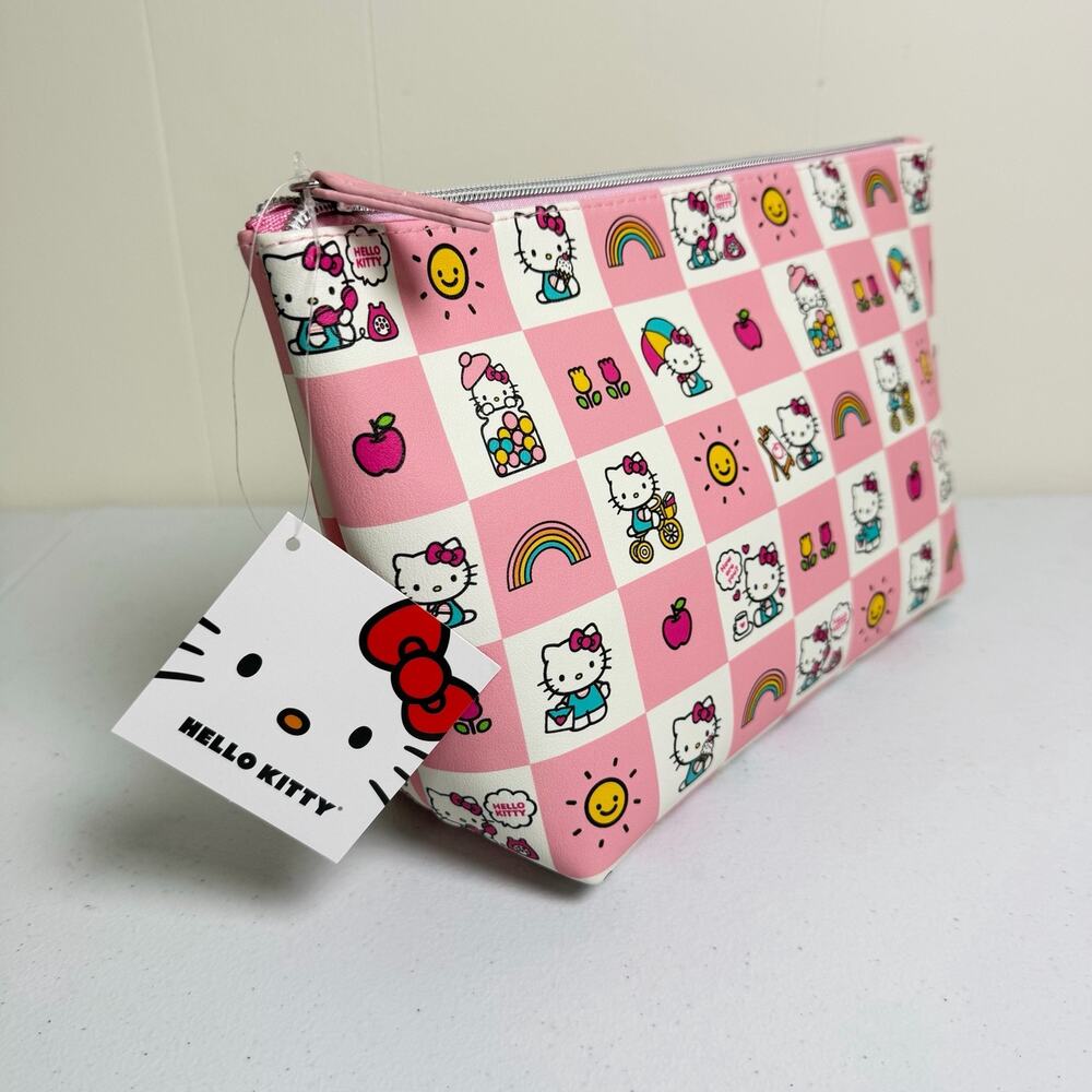 Hello Kitty Sanrio Pink Checkered Cosmetic Makeup Bag Travel Pouch